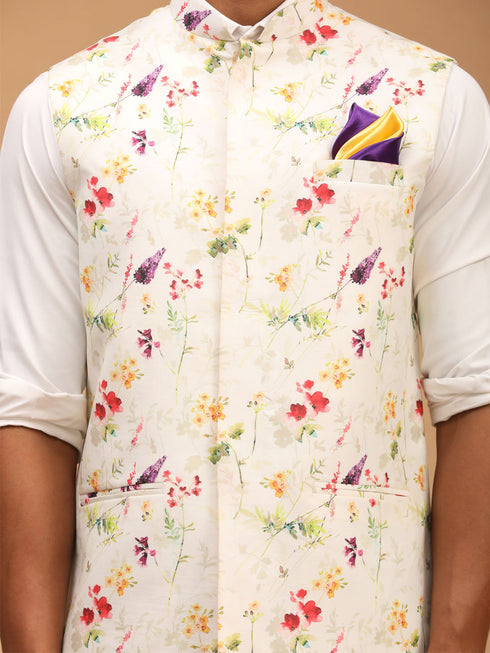 Men's Cream Base Multi Printed Cotton Blend Nehru Jacket